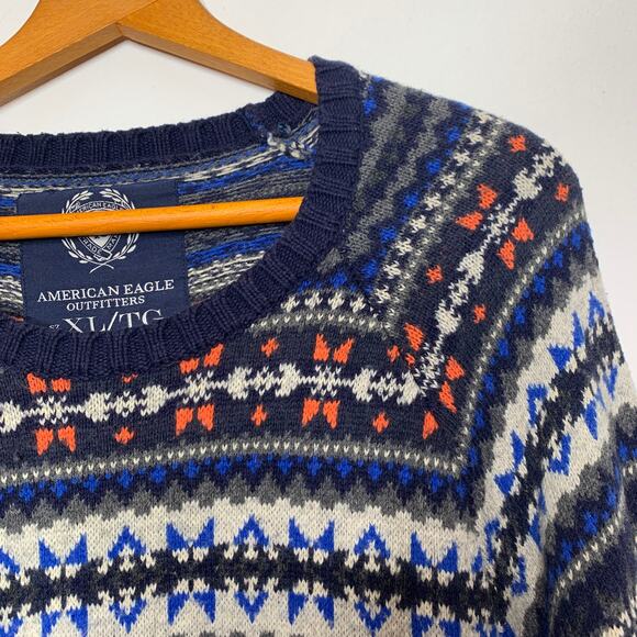 American Eagle men's blue fairisle pattern angora rabbit hair knit sweater SZ XL - Picture 8 of 11